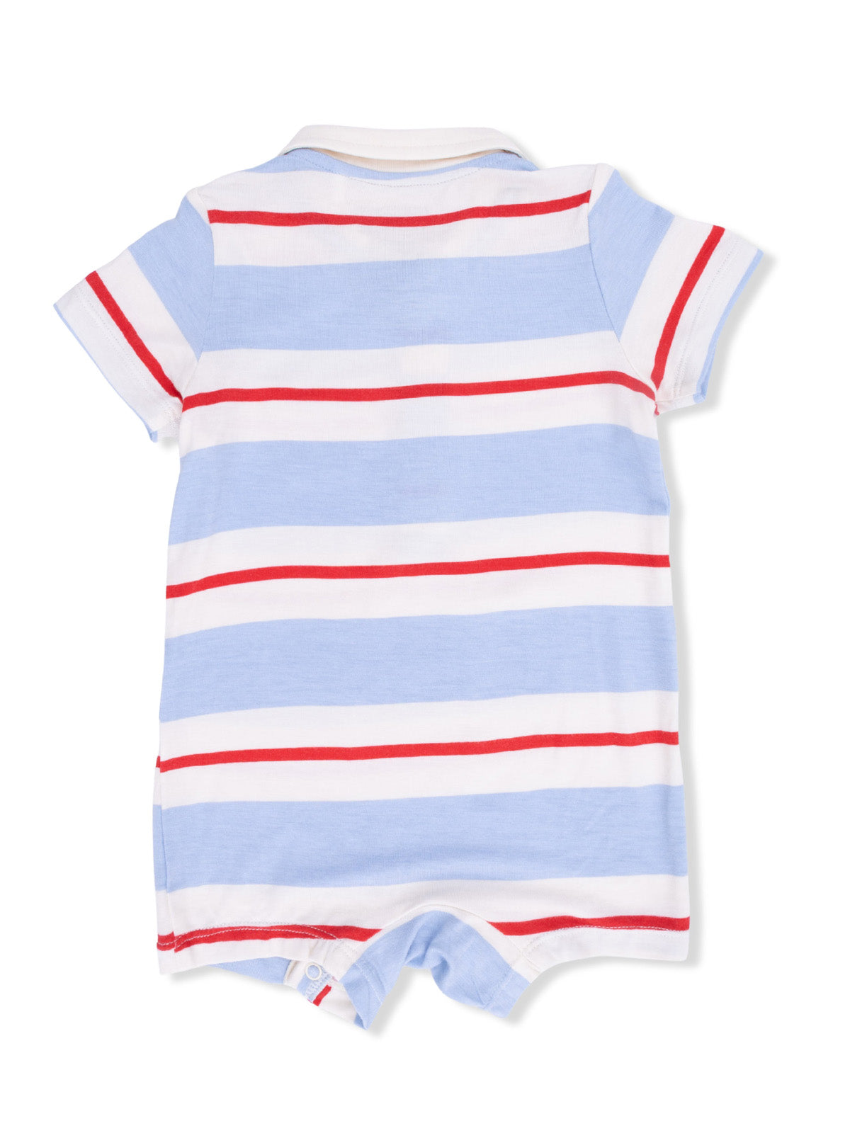 Back view of a light blue, red, and white striped baby romper with short sleeves.