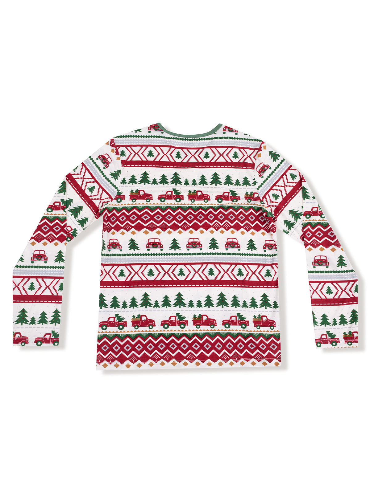 White long-sleeve shirt featuring festive patterns with red trucks and green trees.