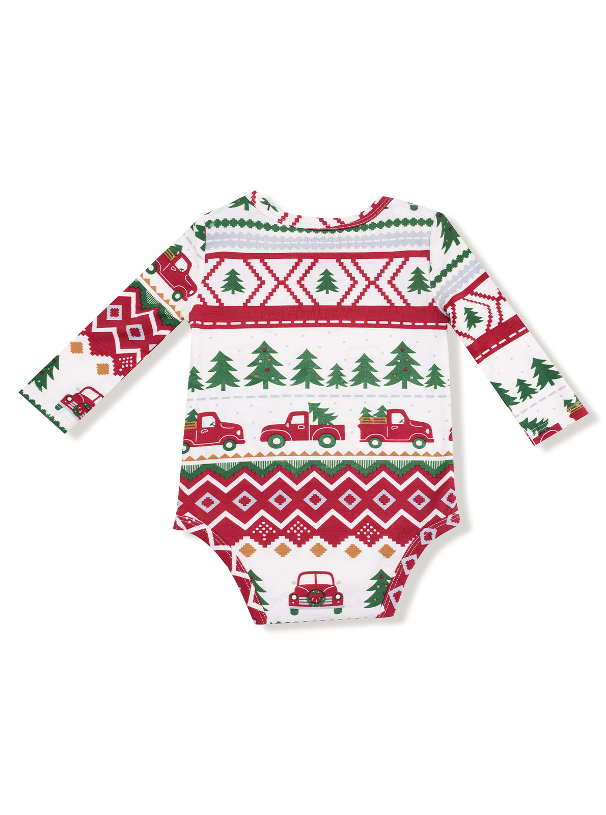 Long-sleeve baby onesie featuring a festive red and green Christmas truck pattern with trees and geometric designs.