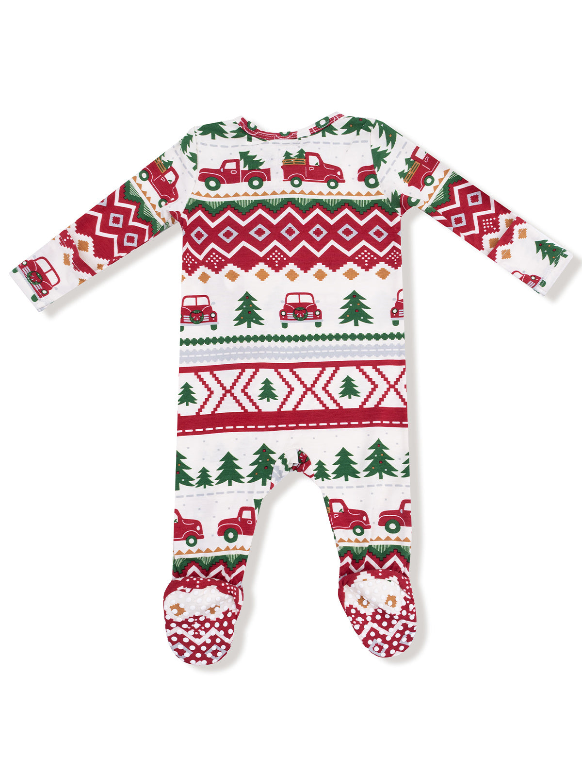 Red and green holiday-themed baby onesie with truck and tree patterns, featuring footed design.