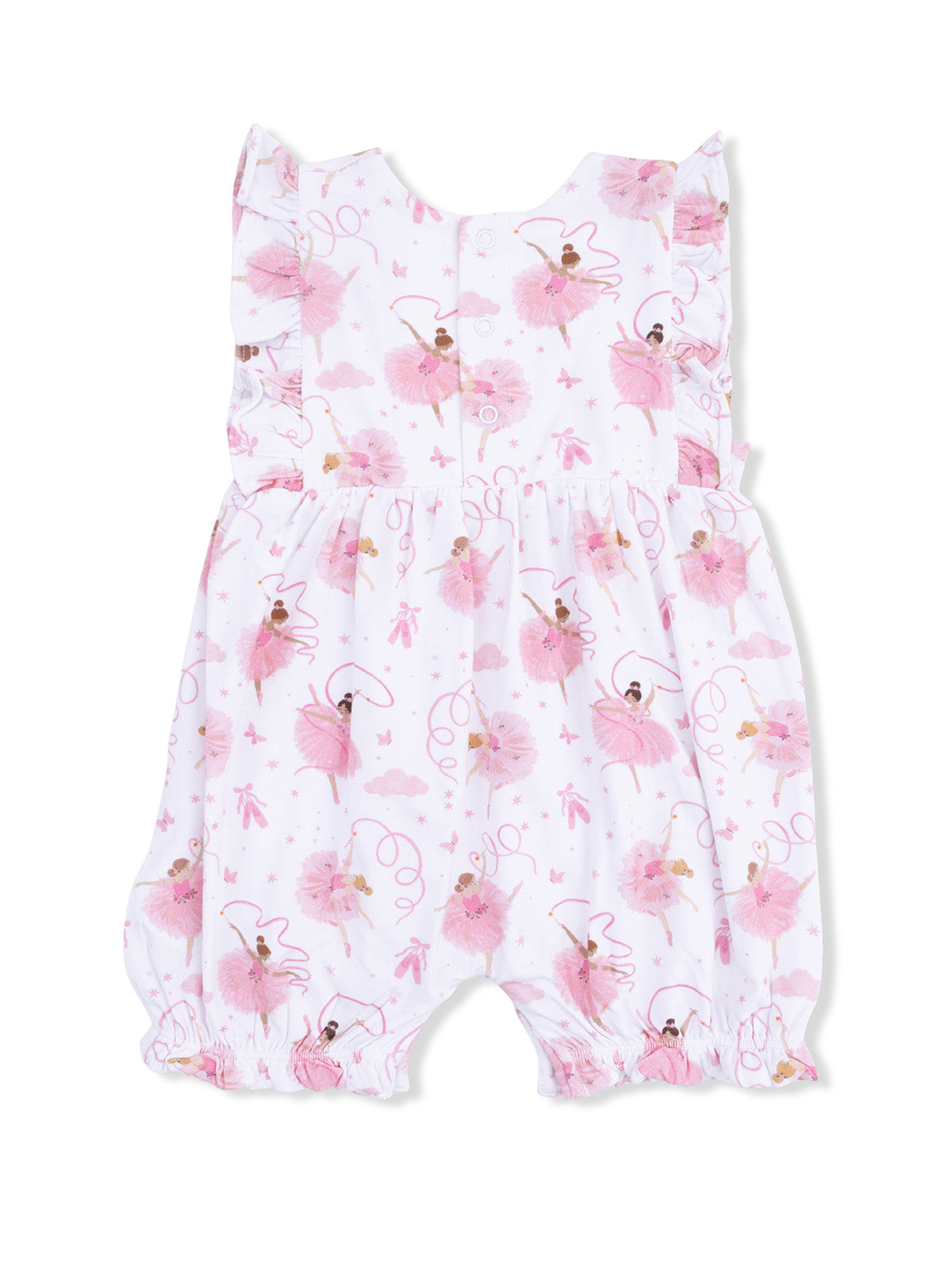 Pink floral romper with ballet dancer print and ruffled sleeves for kids. Ideal for playful and stylish outfits.