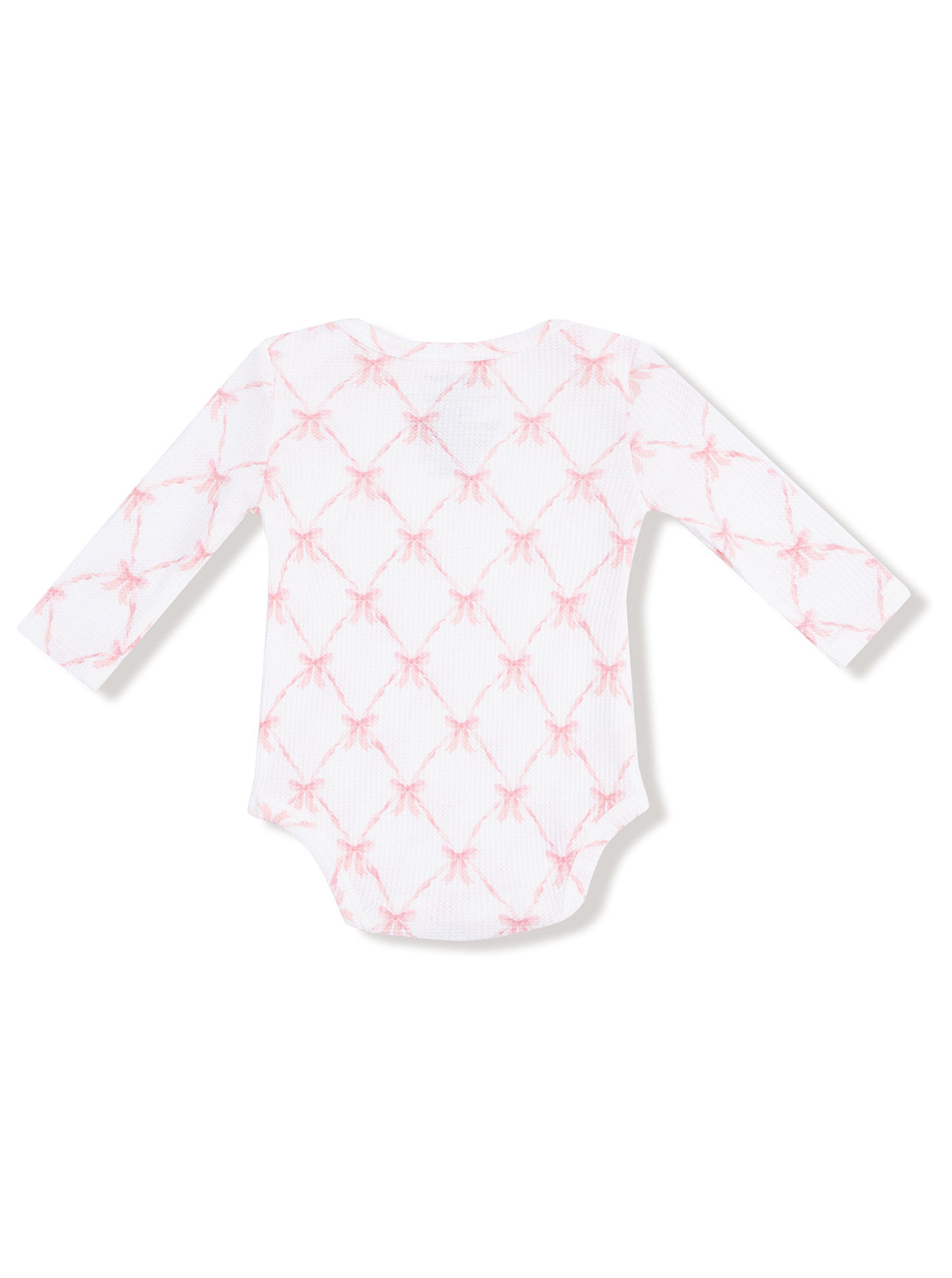 White long-sleeve baby onesie with a pink bow pattern on the back.