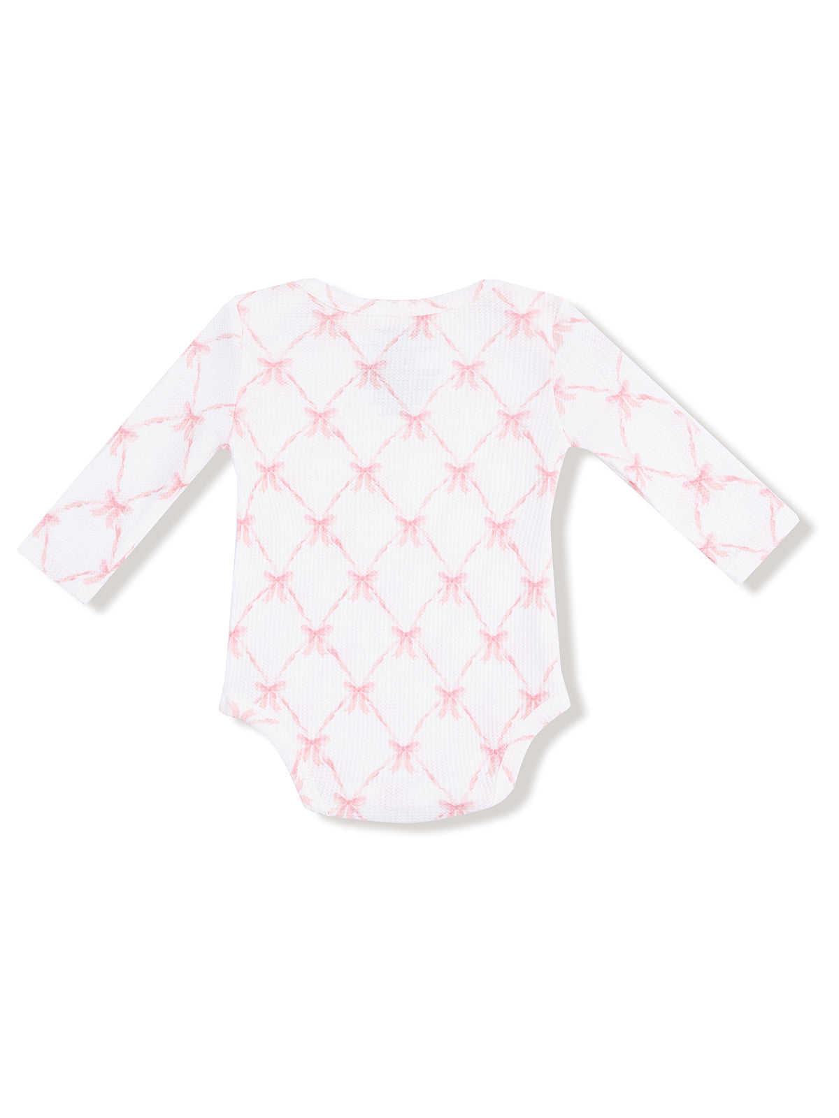 White long-sleeve baby onesie with a pink bow pattern on the back.