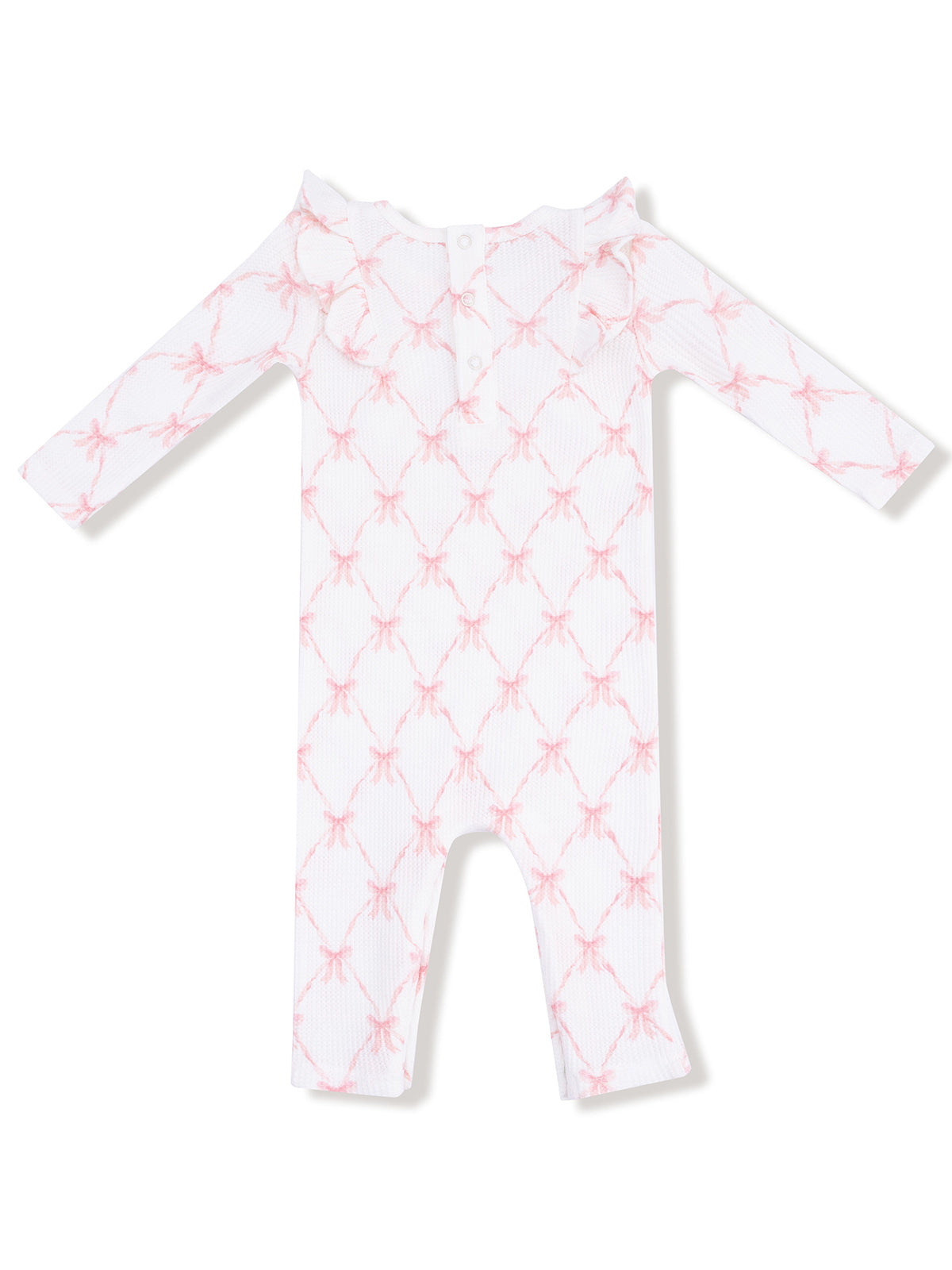 White baby onesie with pink bow print and off-shoulder ruffle design.