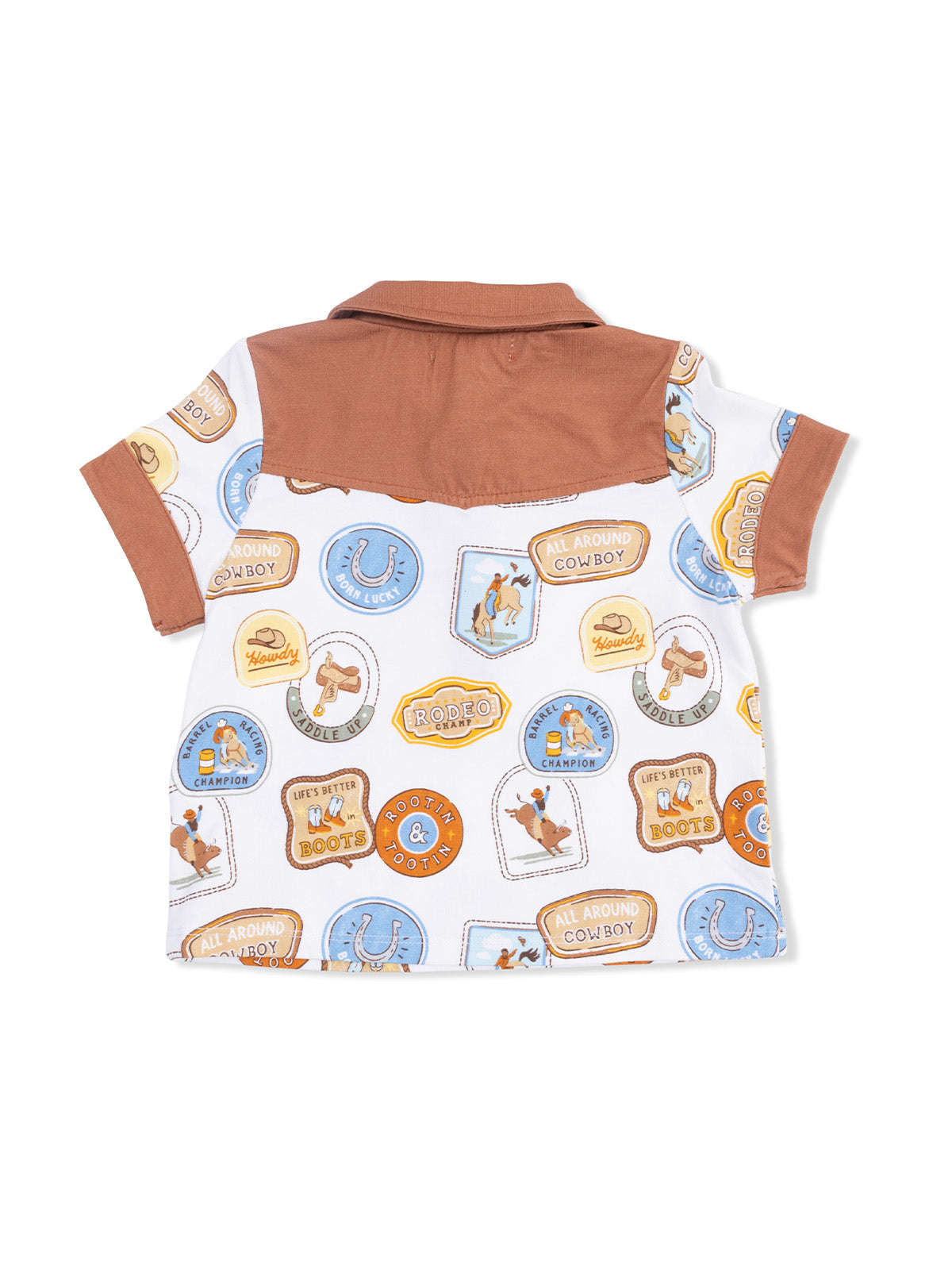 Back view of a children's polo shirt featuring cowboy-themed patches and a brown collar. Ideal for casual wear.
