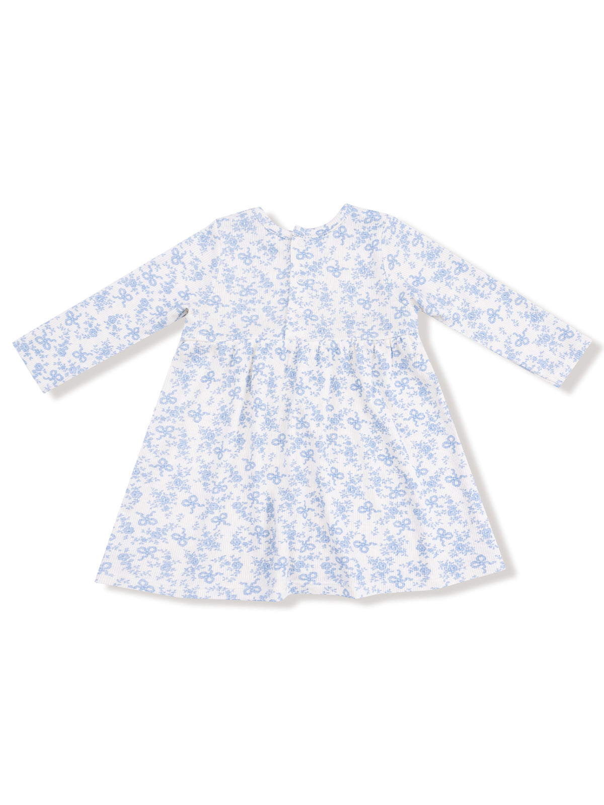 Long-sleeve dress with a floral pattern in blue and white, featuring a round neckline and cute gathered skirt.