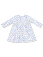 Long-sleeve dress with a floral pattern in blue and white, featuring a round neckline and cute gathered skirt.