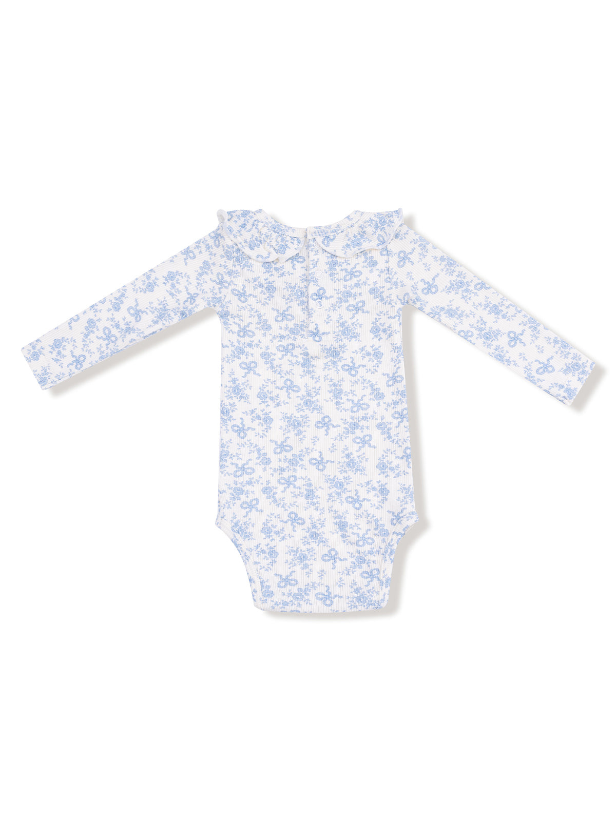 Long-sleeve baby bodysuit in white with a blue floral pattern and ruffled collar.