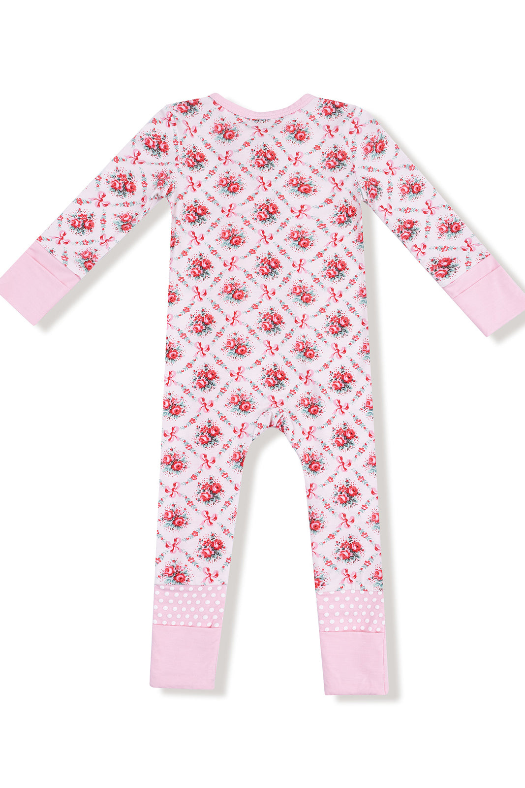 Pink floral pattern one-piece pajamas with long sleeves and polka dot cuffs. Back view shown.