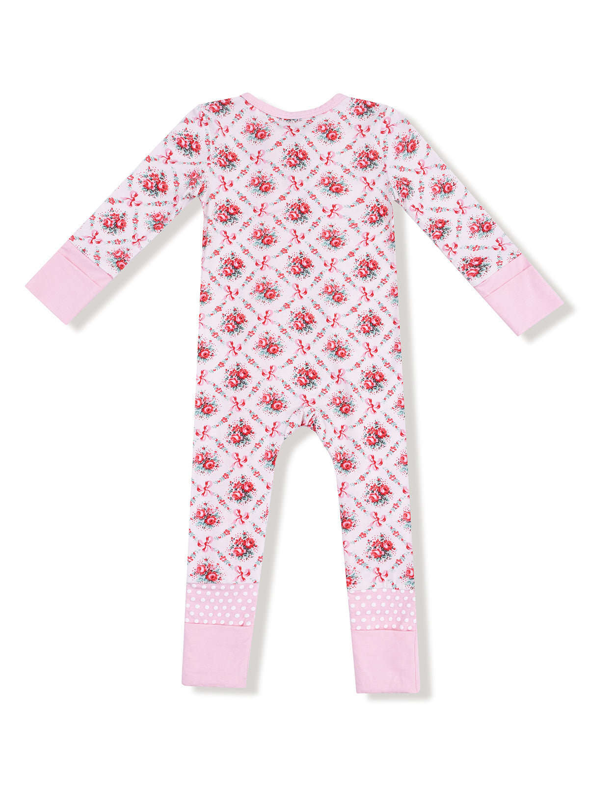 Pink floral pattern one-piece pajamas with long sleeves and polka dot cuffs. Back view shown.