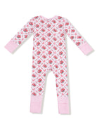 Pink floral pattern one-piece pajamas with long sleeves and polka dot cuffs. Back view shown.