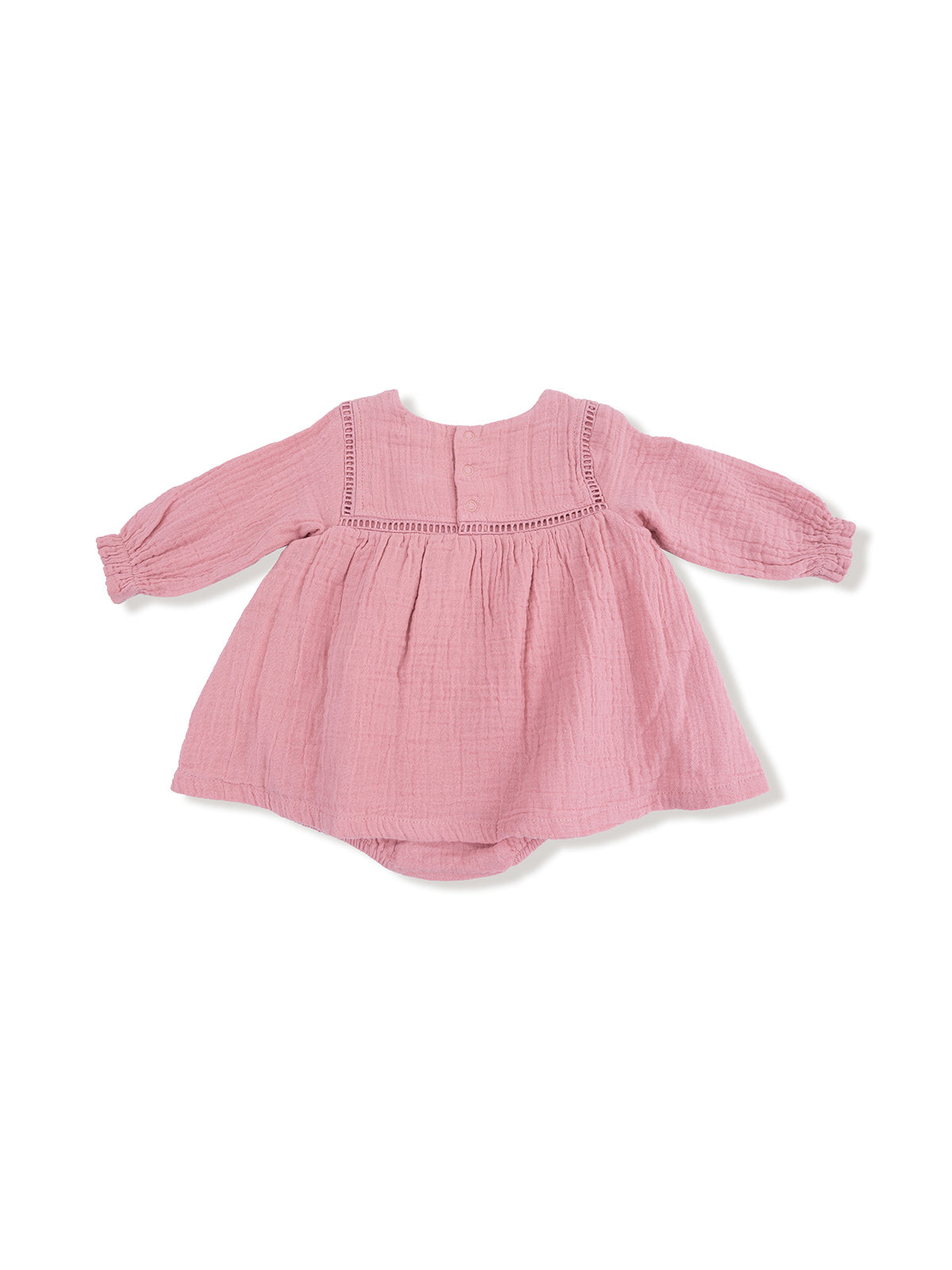 Pink long-sleeve toddler dress with gathered waist and button closure at the back.