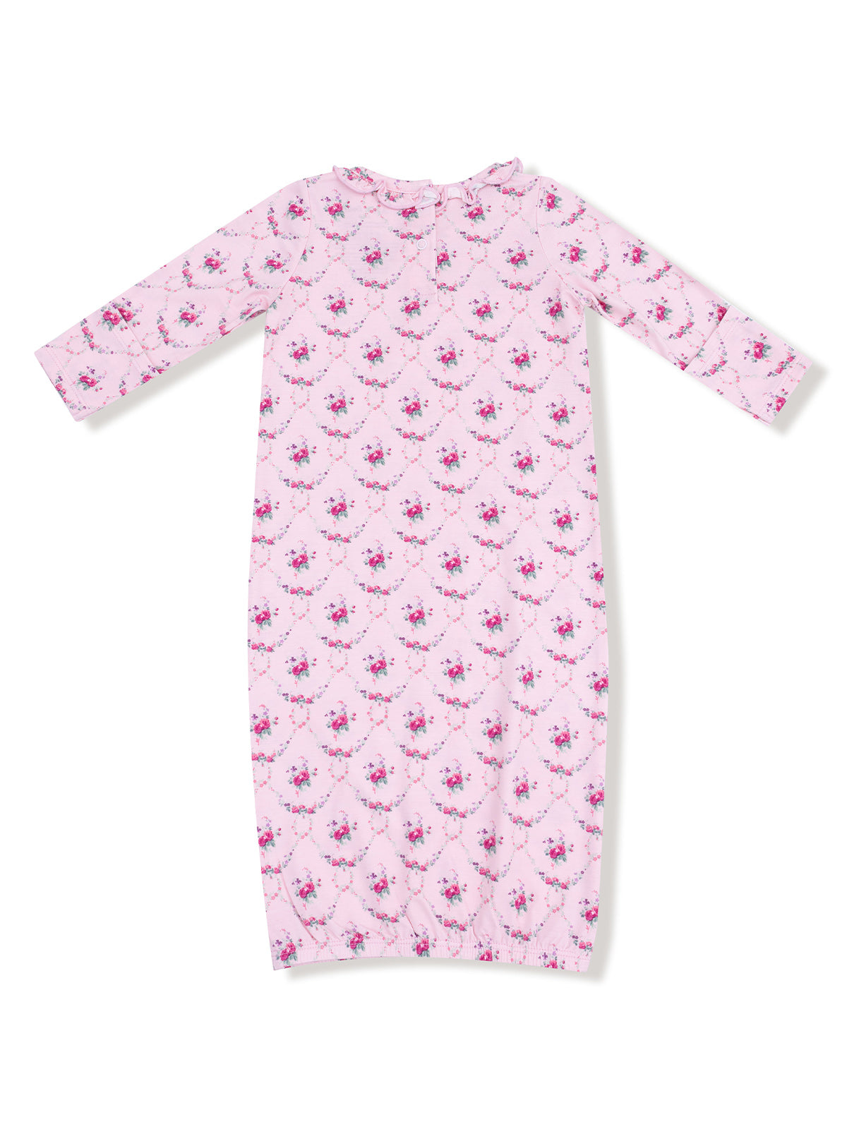Light pink nightgown with floral print and long sleeves, featuring a ruffled neckline.