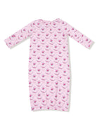 Light pink nightgown with floral print and long sleeves, featuring a ruffled neckline.