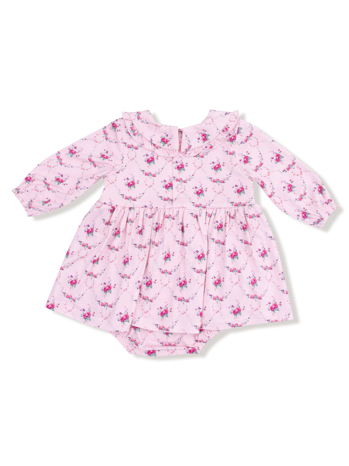 Pink floral dress with long sleeves and ruffled collar, designed for infants.