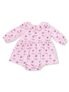 Pink floral dress with long sleeves and ruffled collar, designed for infants.