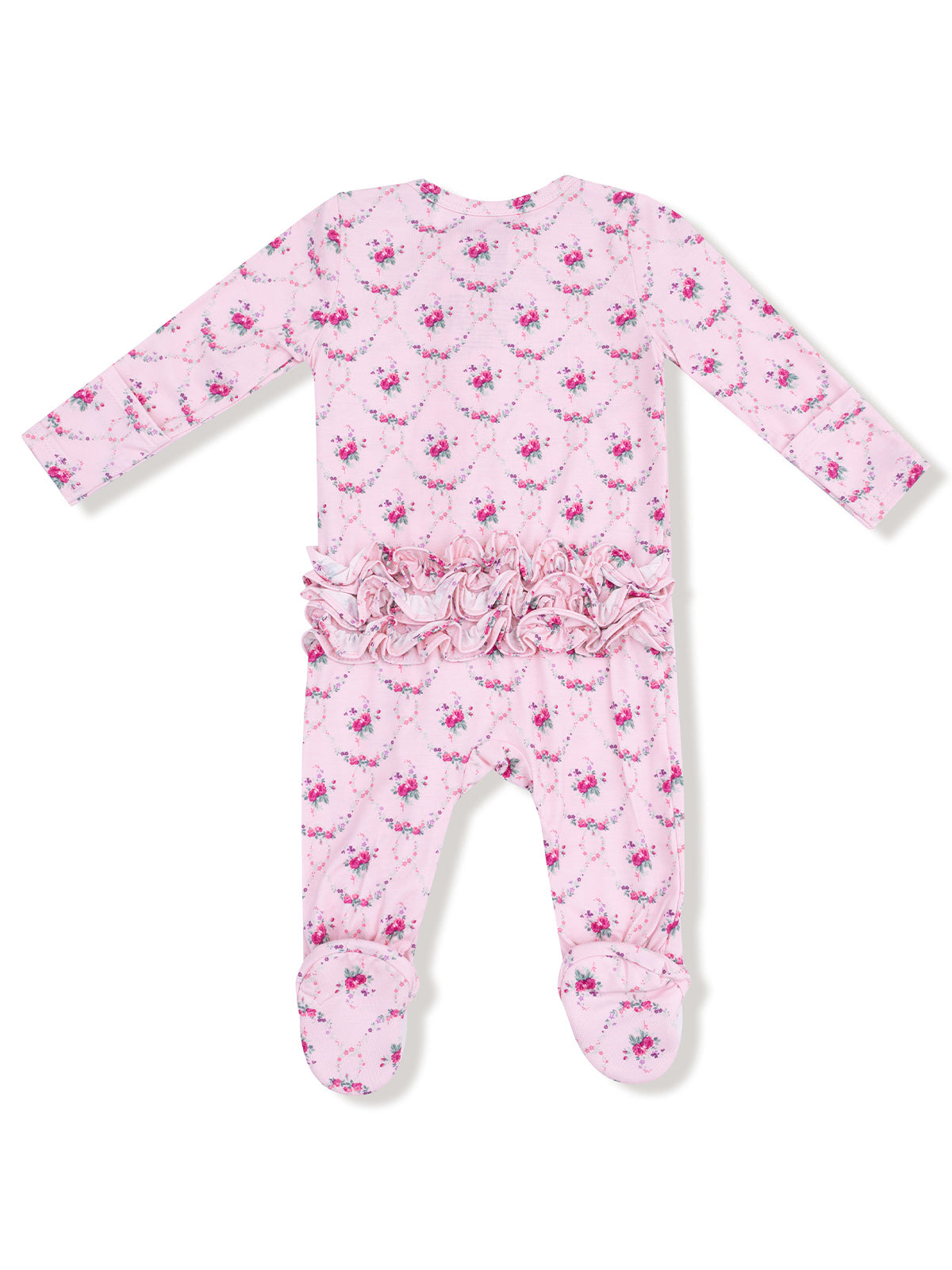 Pink floral baby onesie with long sleeves and a ruffled back detail. Suitable for infants and toddlers.