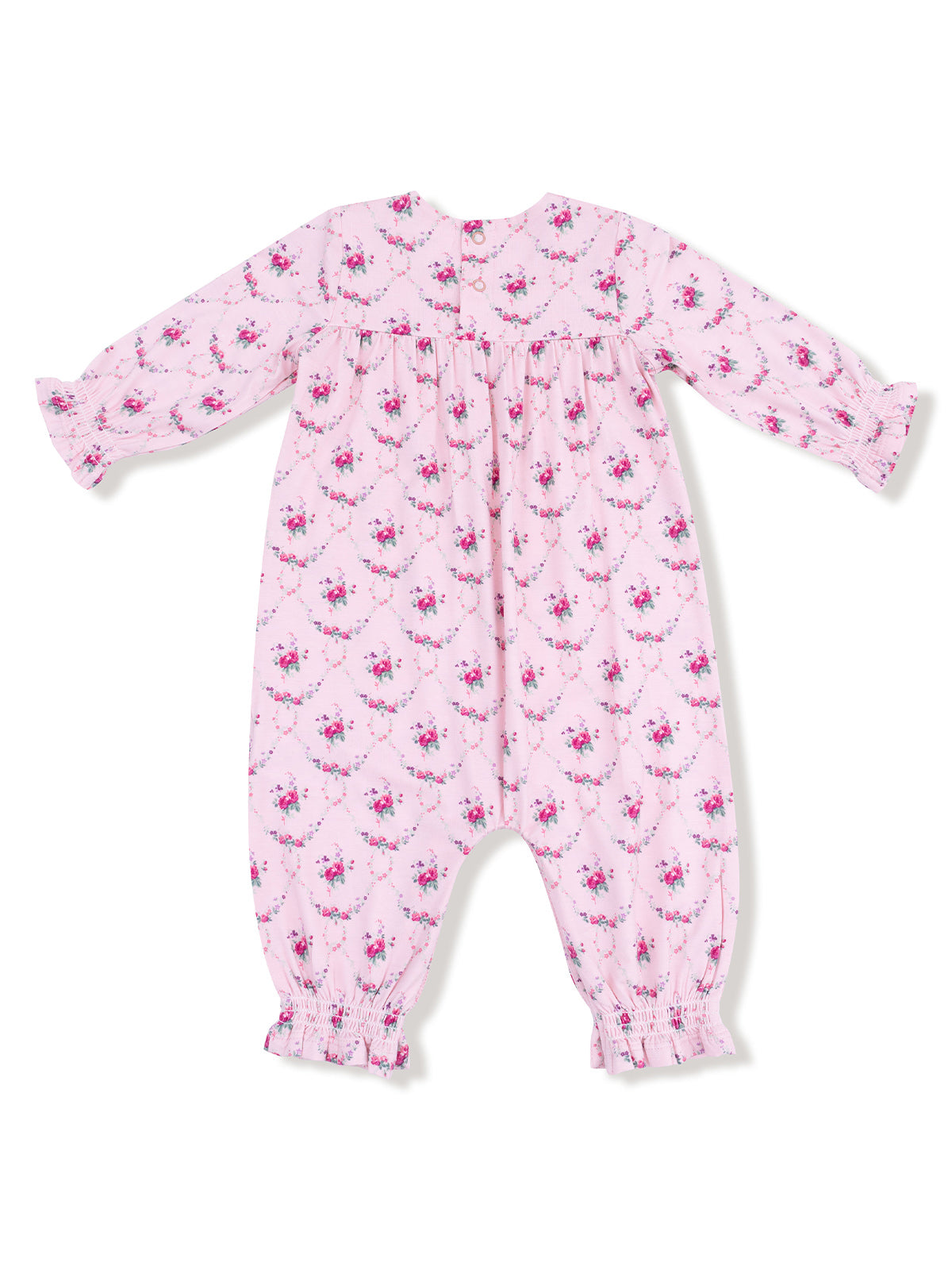 Pink baby romper with floral pattern and gathered sleeves, featuring buttons at the back for easy dressing.