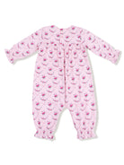 Pink baby romper with floral pattern and gathered sleeves, featuring buttons at the back for easy dressing.