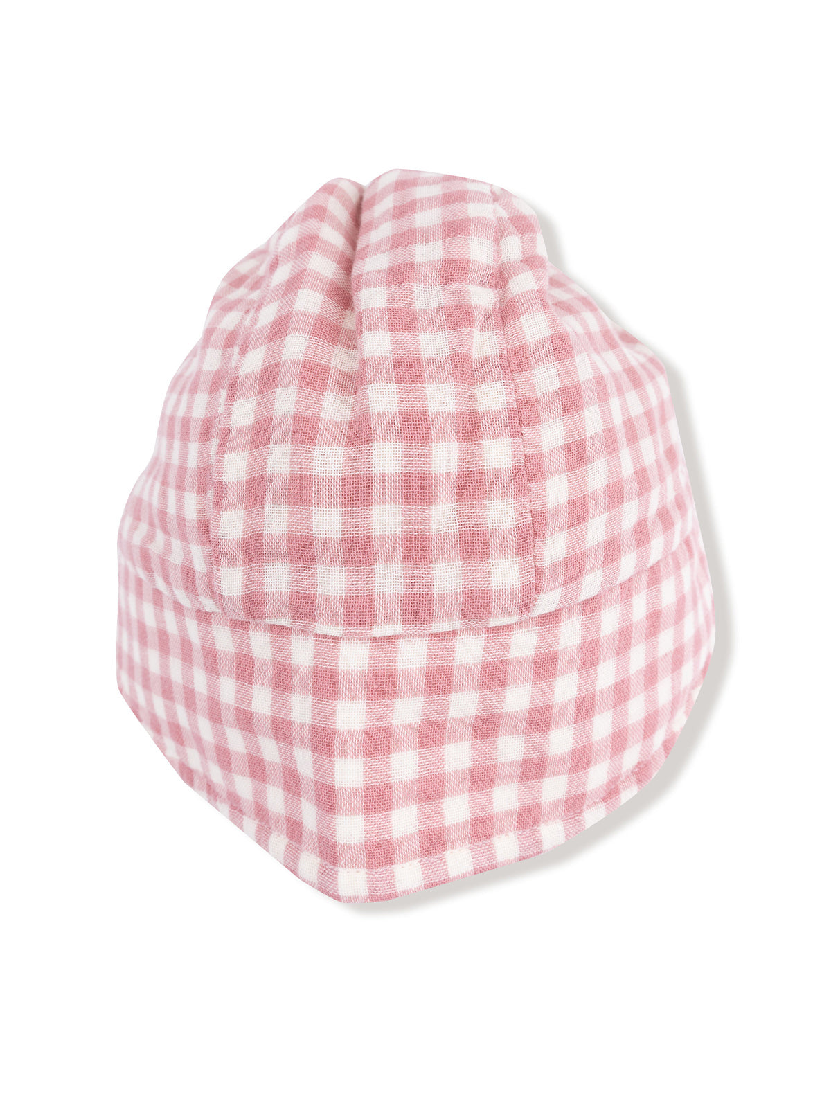 Pink and white checkered baby hat, soft fabric, front view, round top. Ideal for infants and toddlers.