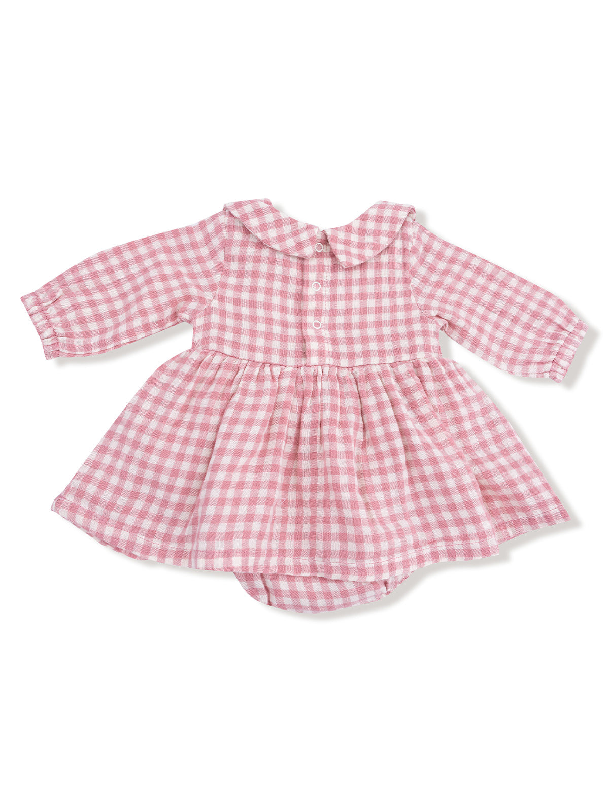 Pink gingham dress with long sleeves and a round collar, featuring buttons down the front and a flared skirt.