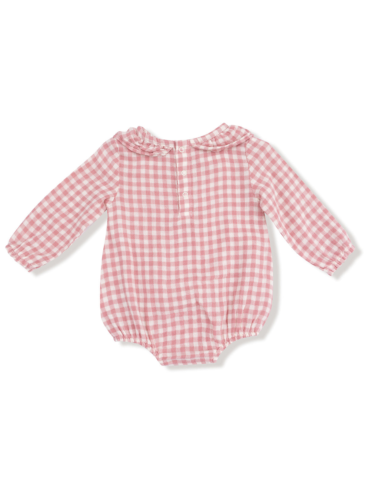 Pink and white gingham long-sleeve baby romper with a ruffled collar and button detail.