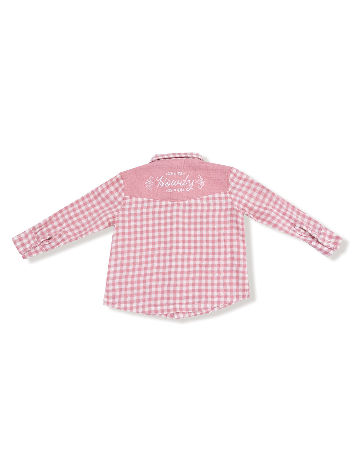 Red and white gingham shirt with "Howdy" embroidered on the back. Long sleeves and buttoned collar.