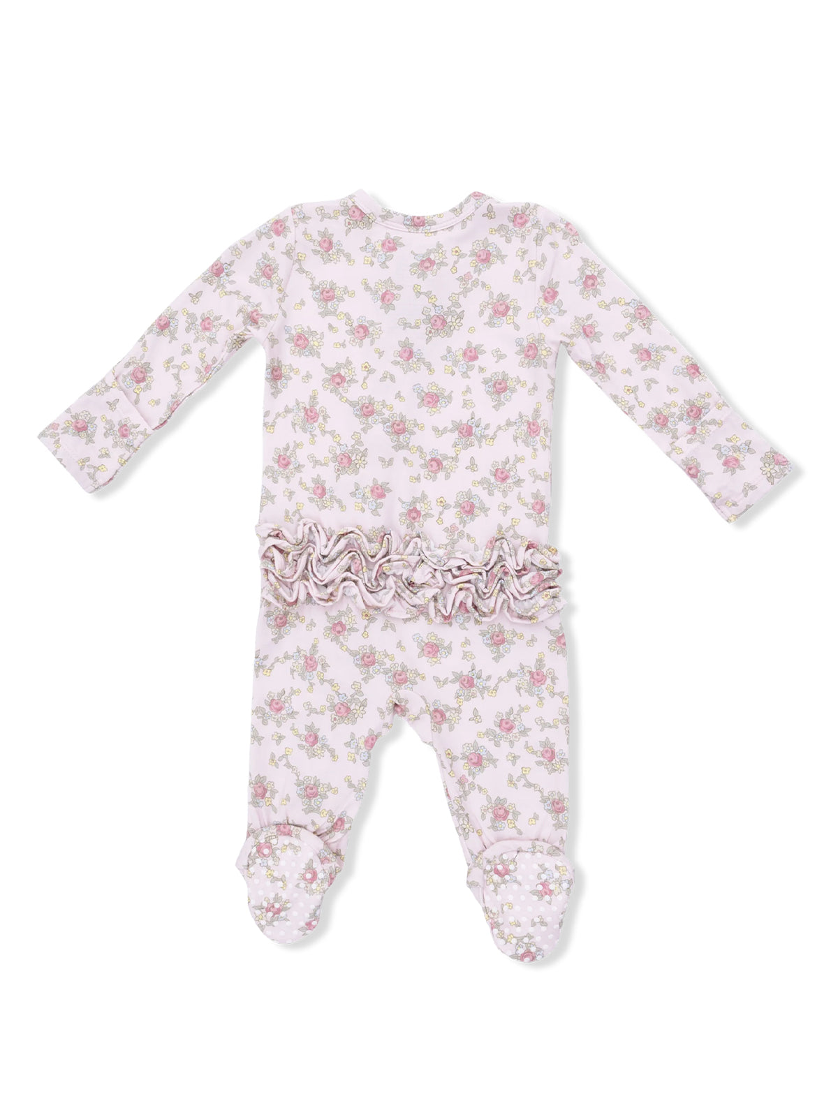 Floral-patterned pink baby onesie with ruffle trim and footed design. Ideal for comfortable wear.