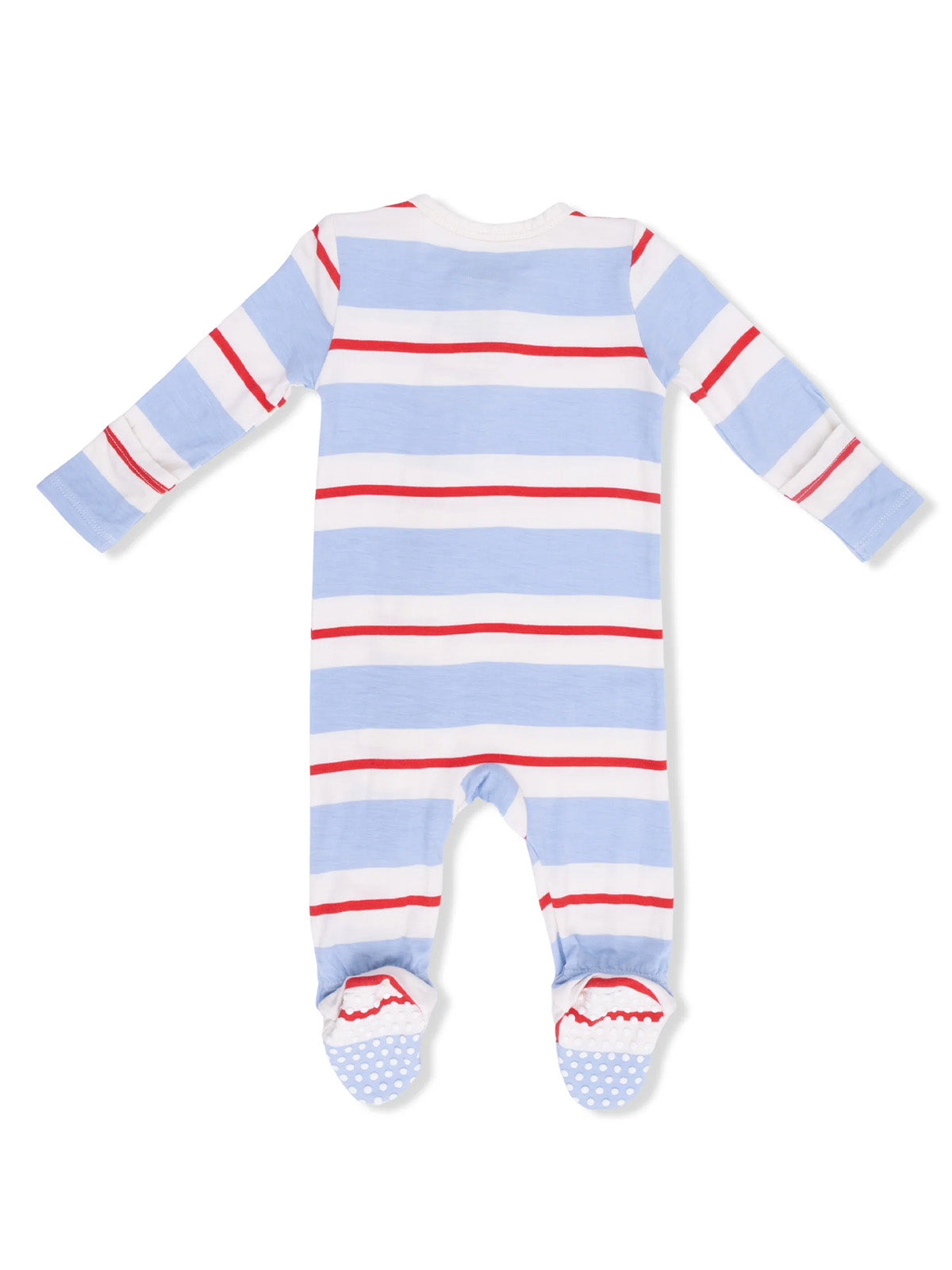 Blue and white striped baby onesie with red accents and non-slip feet. View from the back.