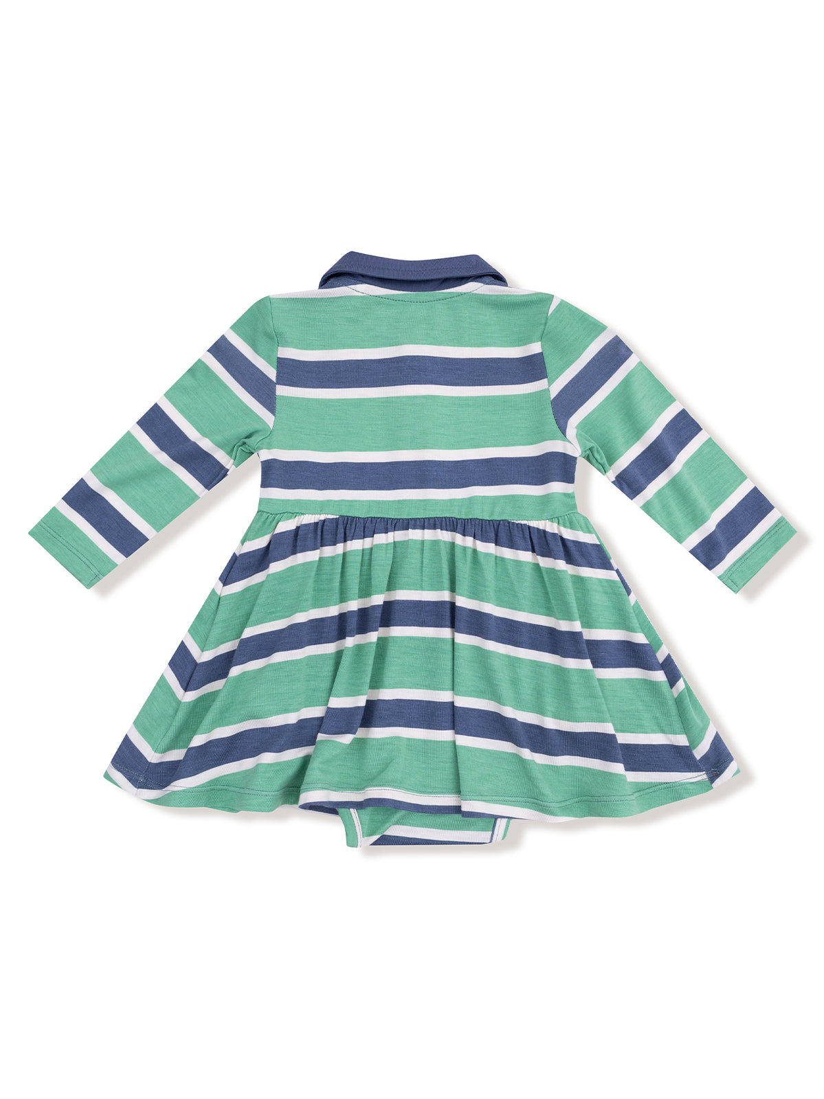 Back view of a green striped dress with long sleeves and a flared skirt, featuring a collar.