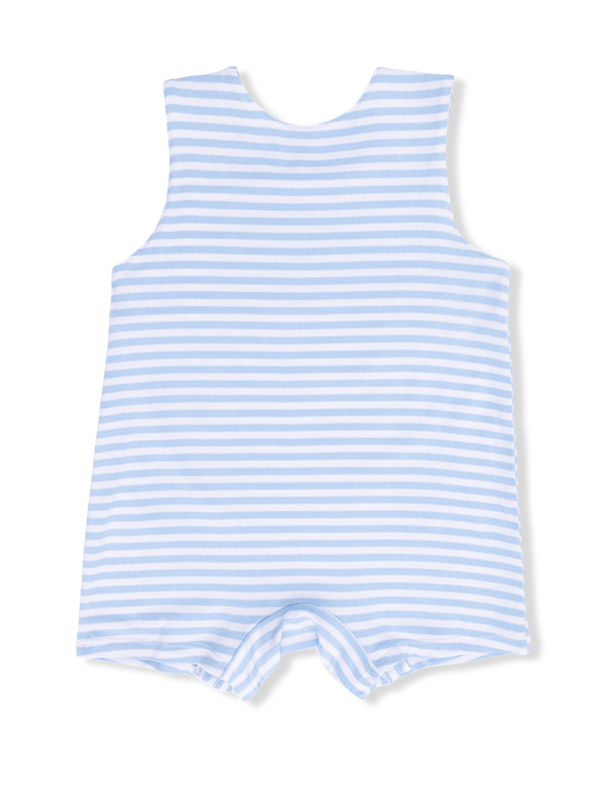 Light blue and white striped sleeveless onesie, back view, designed for infants and toddlers.