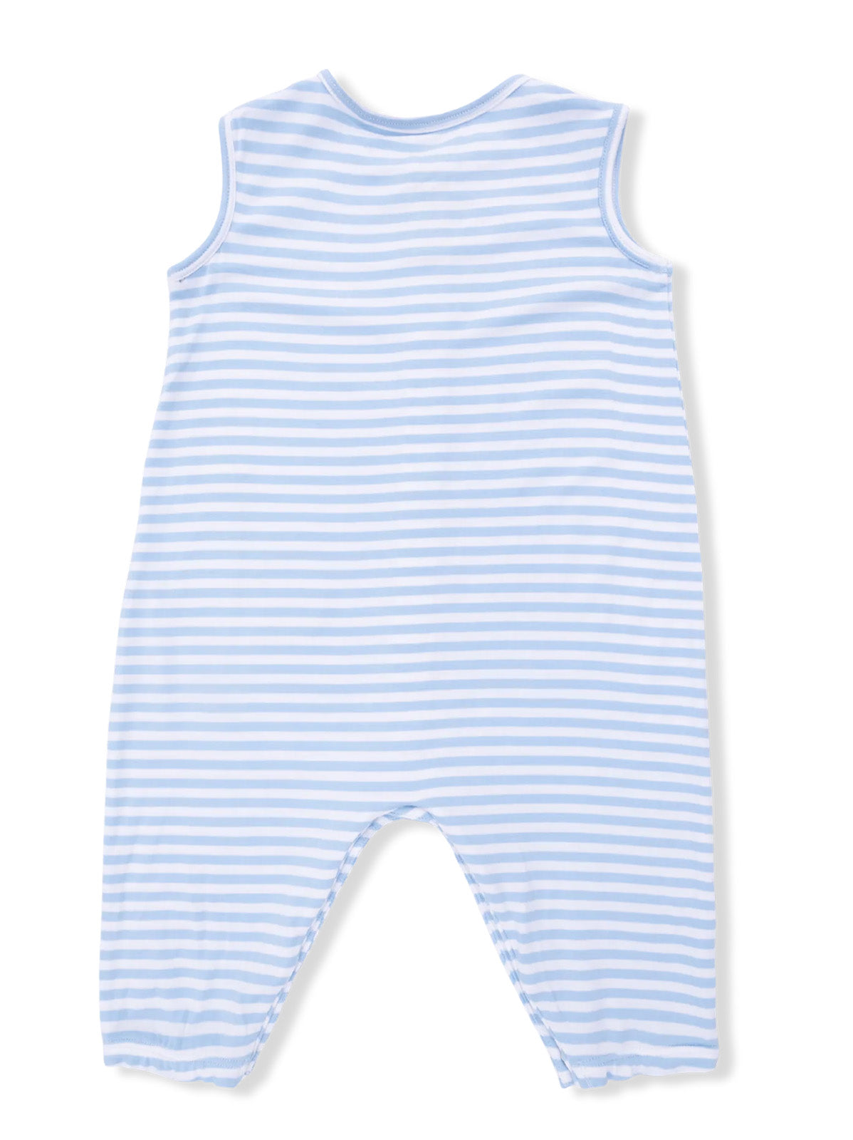 Blue and white striped baby romper, sleeveless with a relaxed fit, viewed from the back.