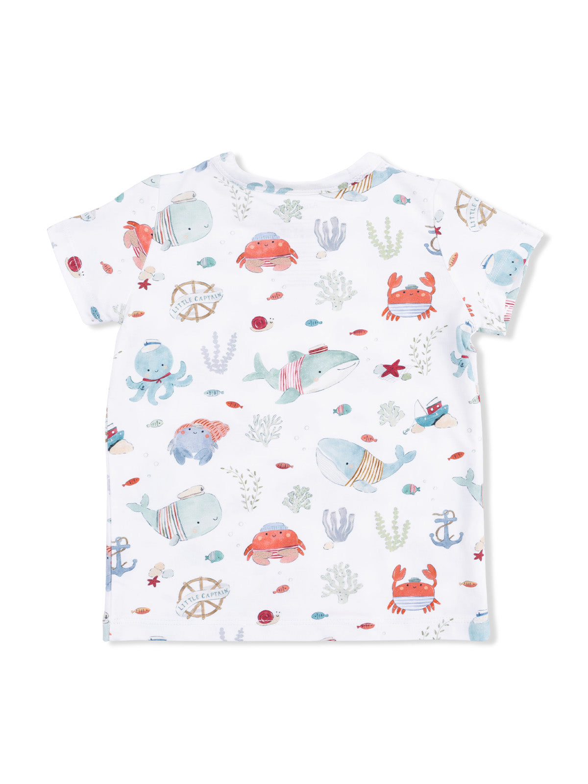 Children's white t-shirt featuring playful sea animal prints, including whales, crabs, and colorful underwater elements.