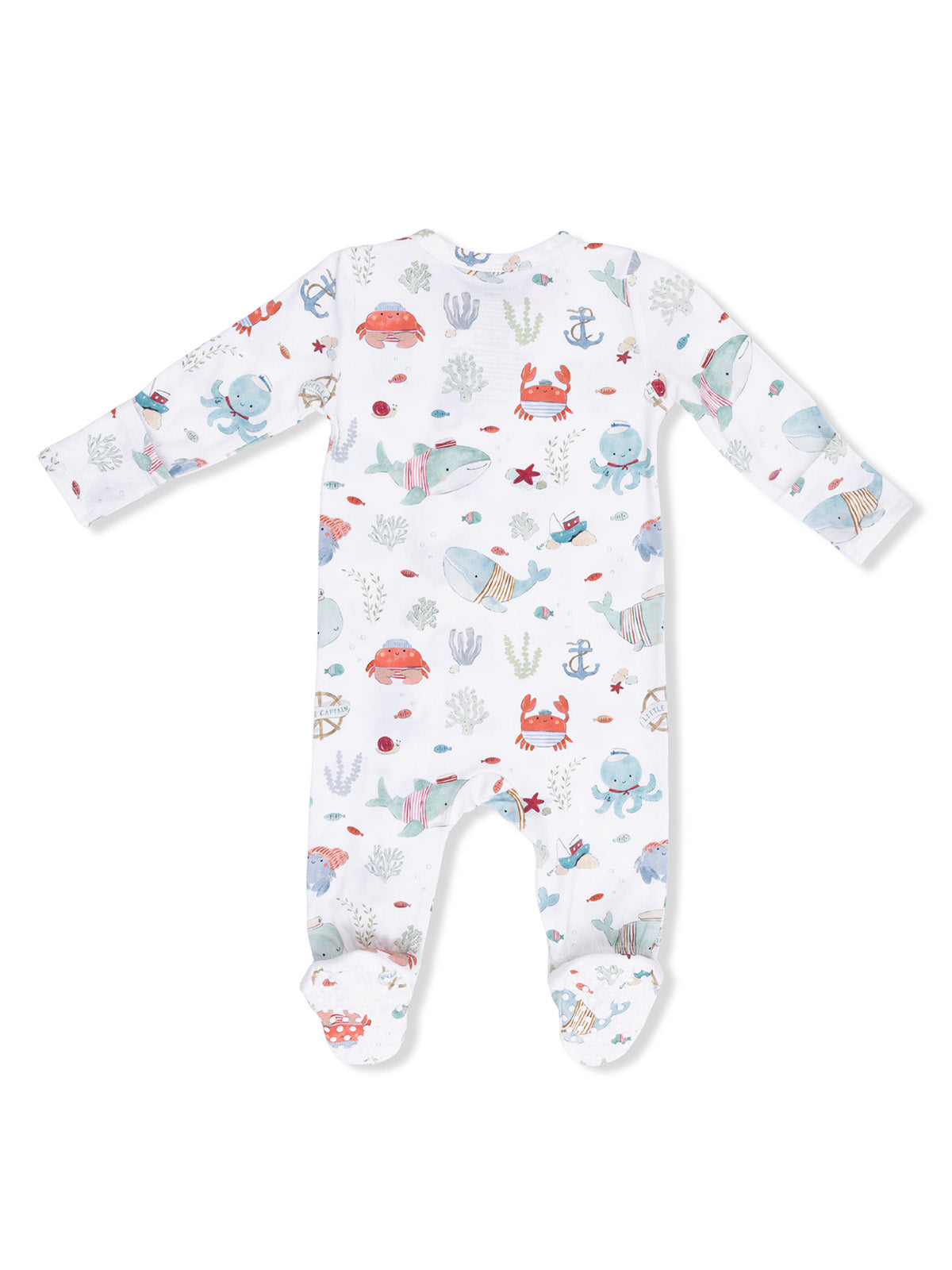 Baby onesie with colorful underwater-themed prints of whales, crabs, and sea creatures on a white background.
