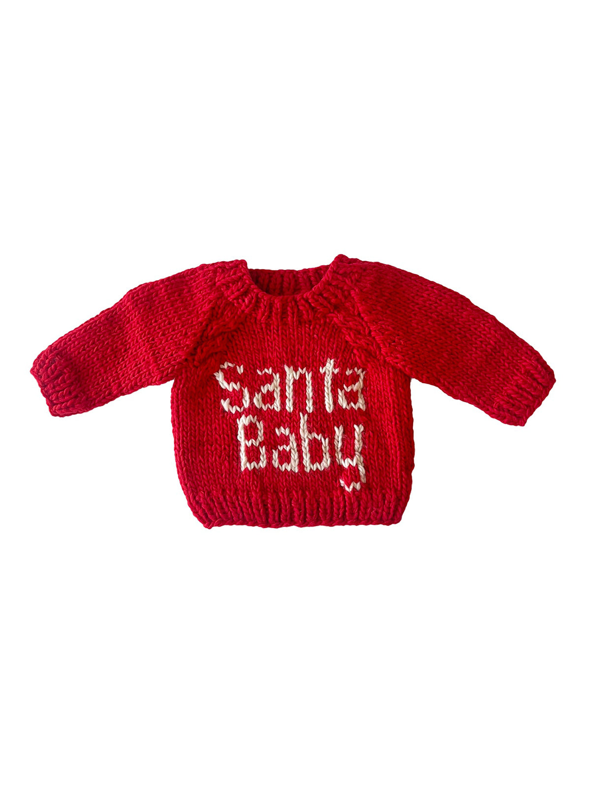 Red knitted sweater with "Santa Baby" text in white, perfect for holiday celebrations and festive outfits.