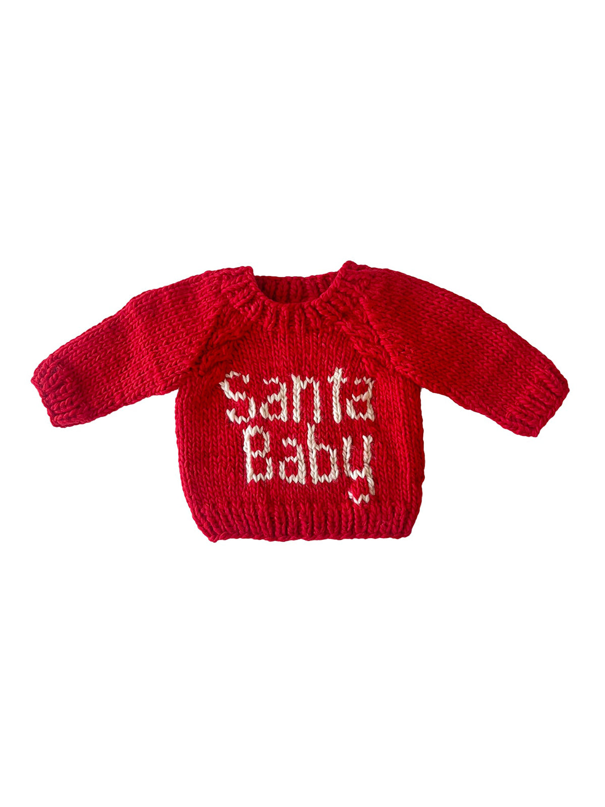Red knitted sweater with "Santa Baby" text in white, perfect for holiday celebrations and festive outfits.