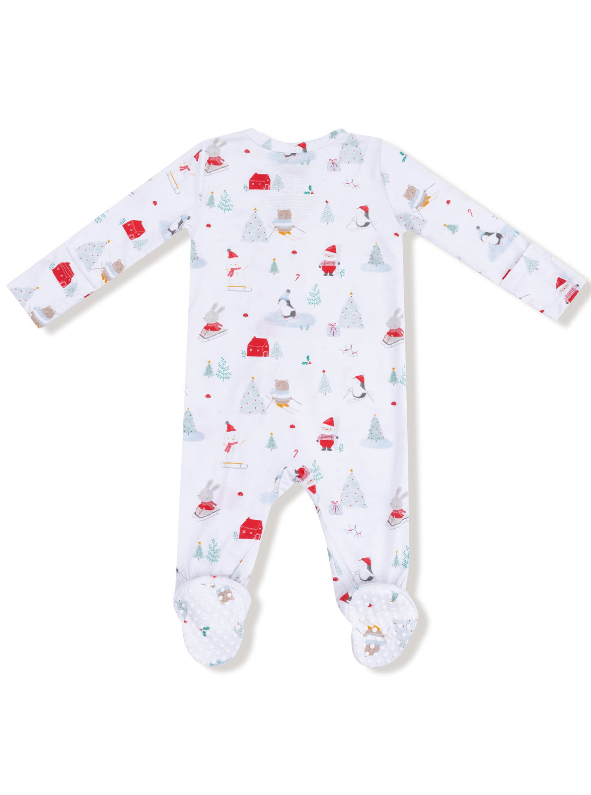 White baby onesie with festive print of animals, trees, and holiday scenes, featuring footed design and long sleeves.