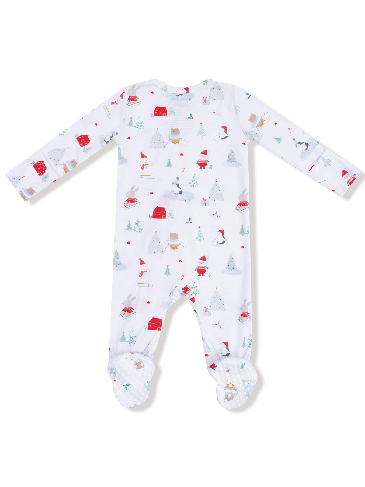 White baby onesie with festive print of animals, trees, and holiday scenes, featuring footed design and long sleeves.