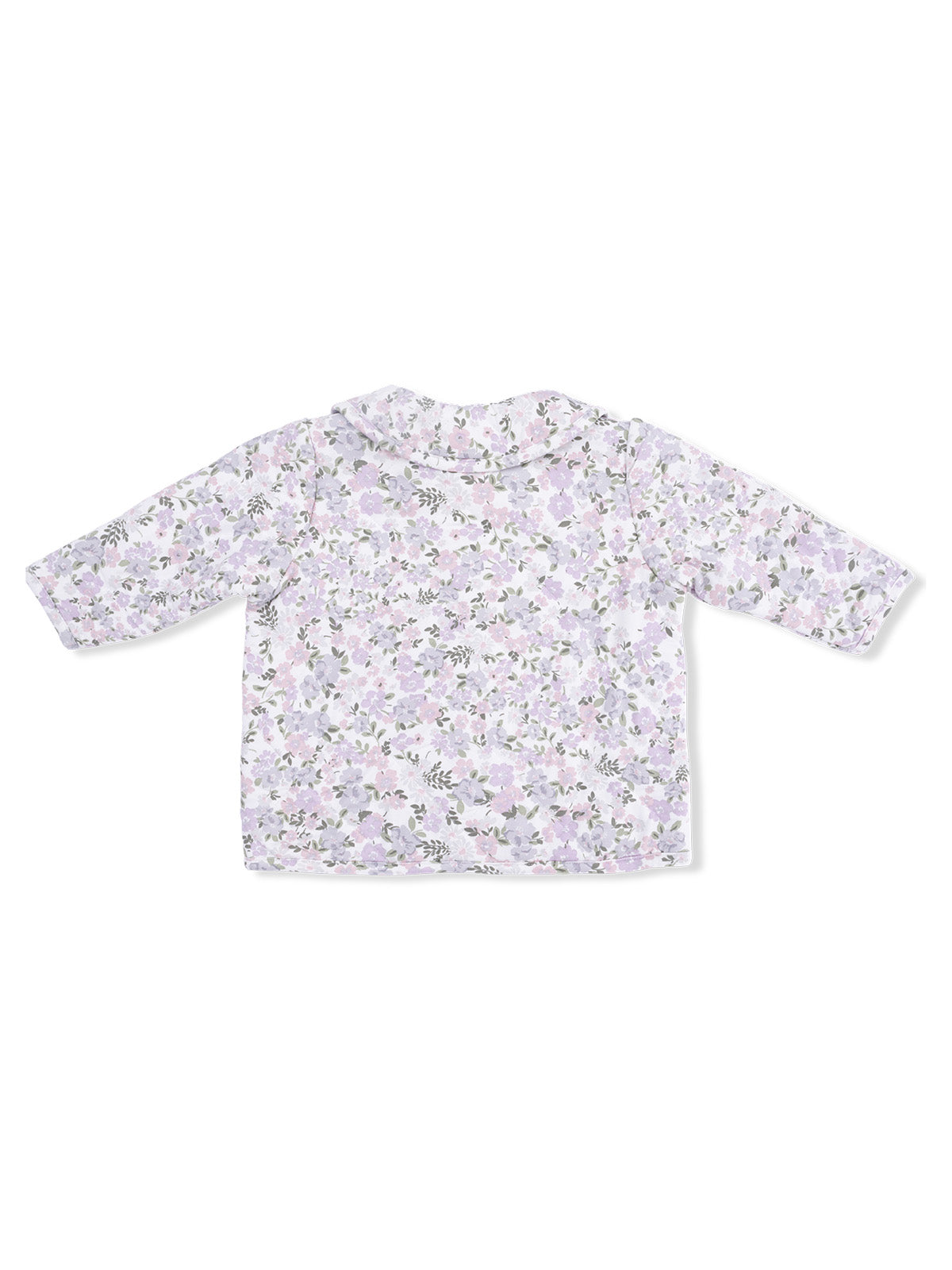 Floral-patterned light shirt with long sleeves, displayed from the back on a white background.