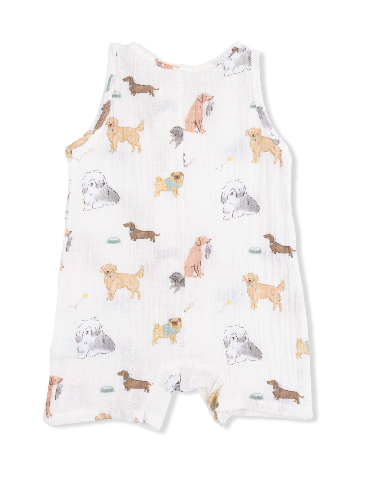 White fabric romper featuring a playful dog print in various breeds and colors. Perfect for dog lovers.