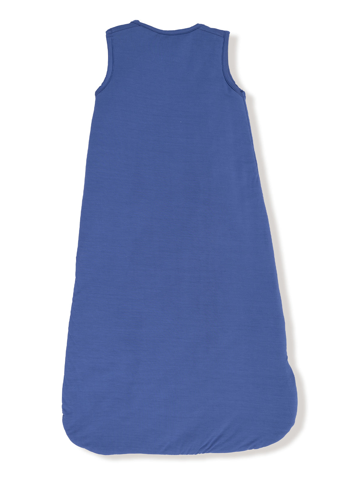 Back view of a blue sleeveless sleep sack for infants, featuring a soft, flowing design.