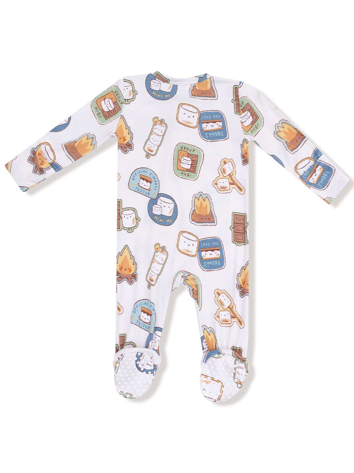 White baby onesie with colorful s'mores and campfire print, featuring non-slip foot grips.
