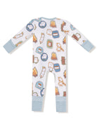 White pajama set with playful camping-themed graphics, including s'mores, flames, and cute characters.