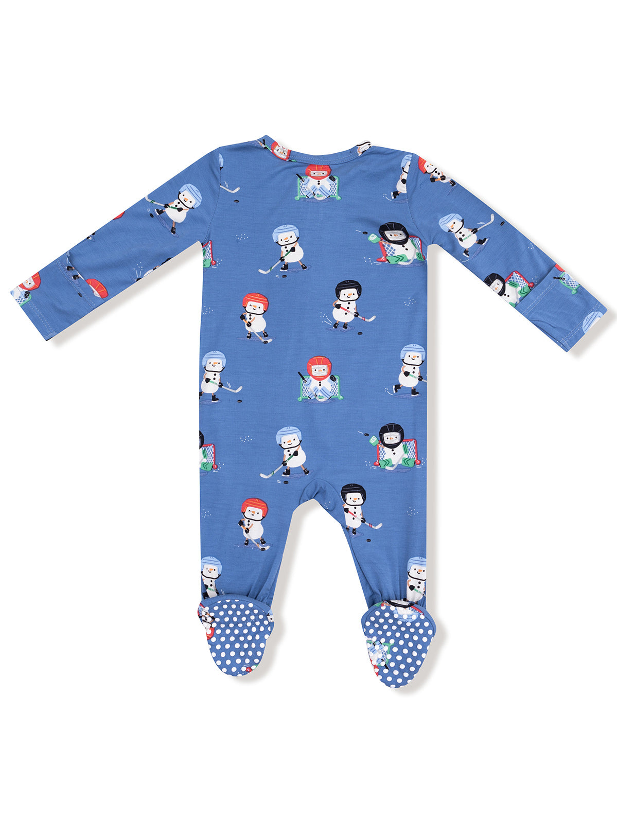 Blue one-piece pajamas featuring playful snowmen playing hockey with colorful accents and polka dot feet.