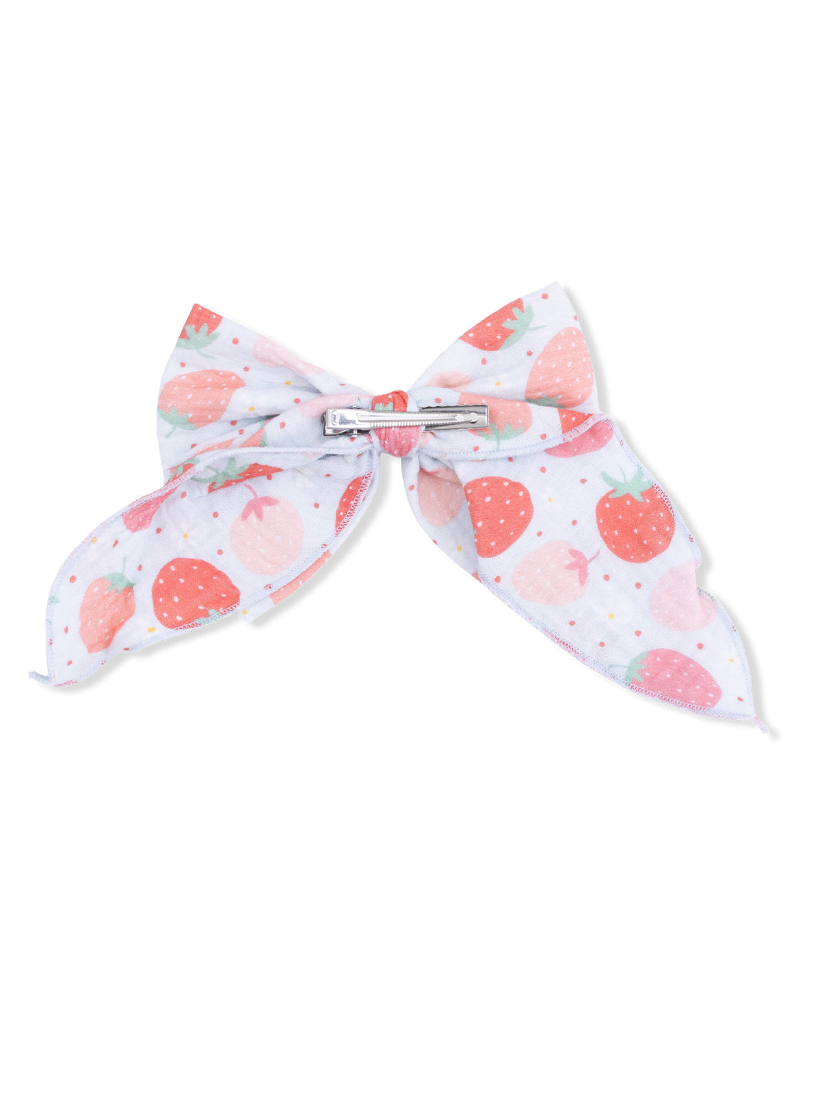 Strawberry-patterned hair bow with a silver clip, featuring pink and red strawberries on a white background.