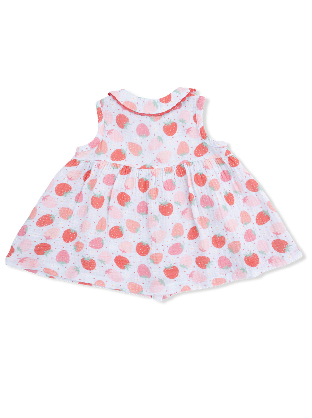 Toddler dress featuring a strawberry pattern on a light pink background, with a sleeveless design and ruffled hem.