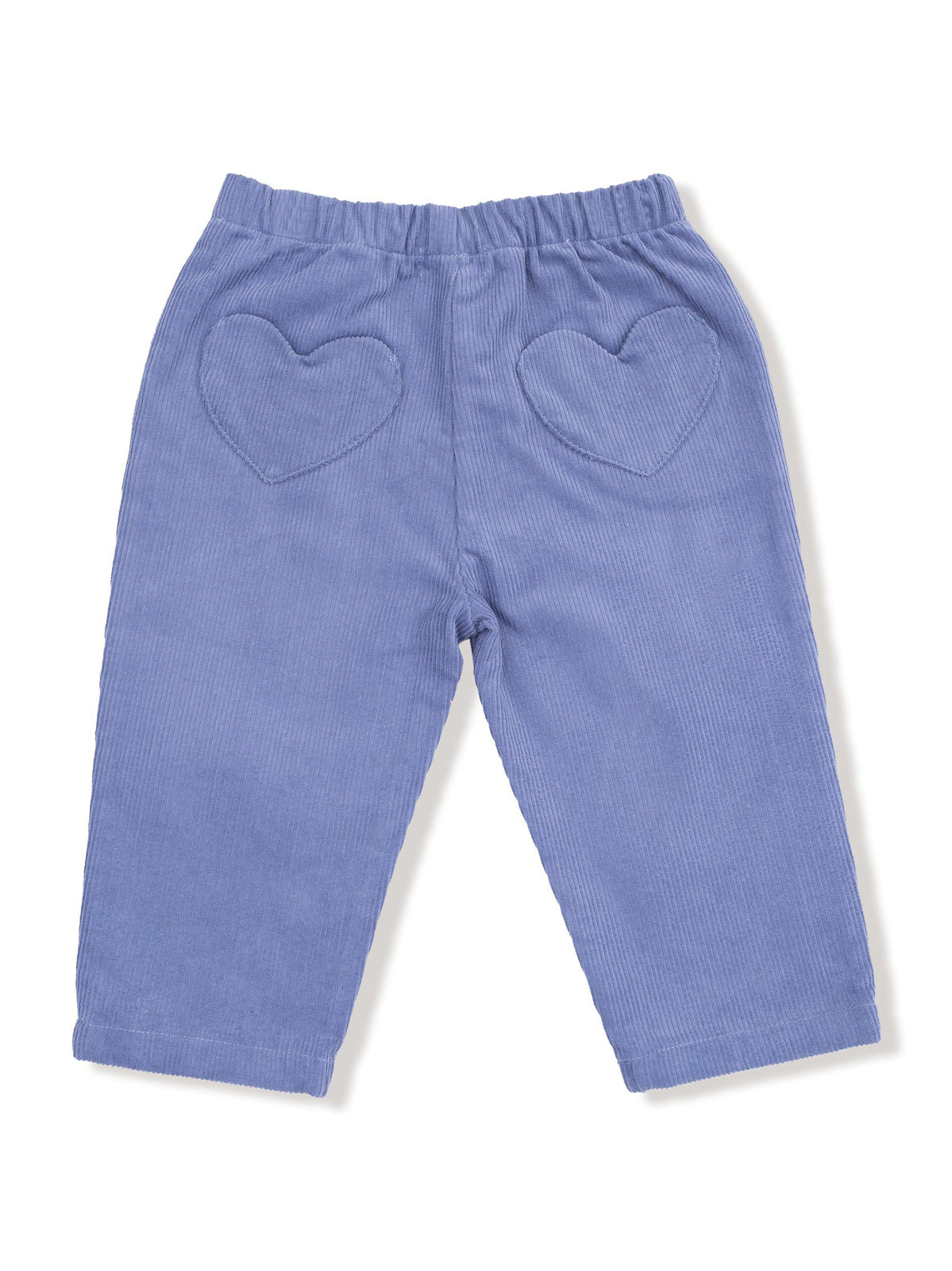 Light blue corduroy pants with heart-shaped pockets, designed for comfortable wear.