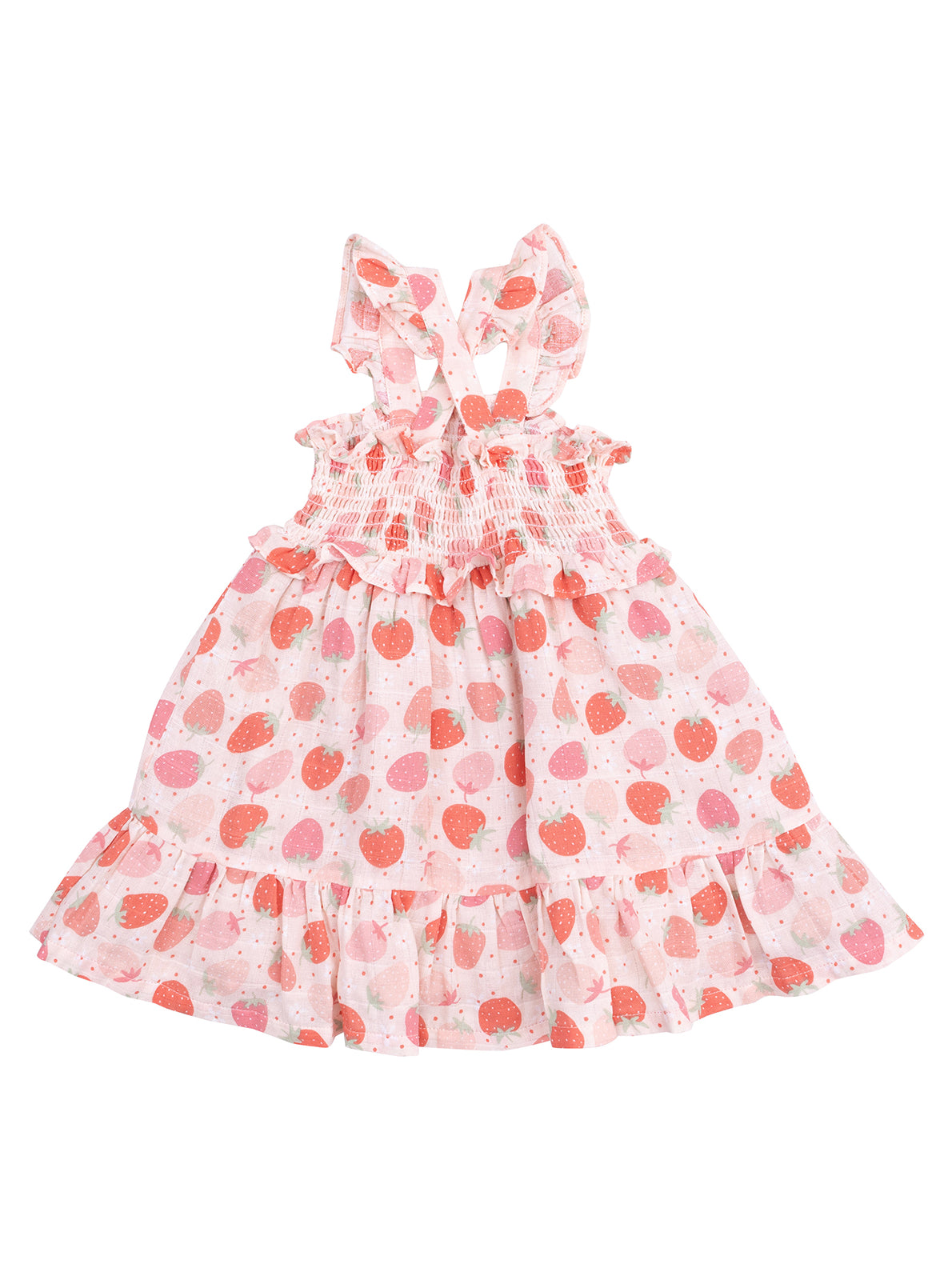 Pink dress with strawberry print, featuring a smocked bodice and ruffled hem. Perfect for warm-weather outings.