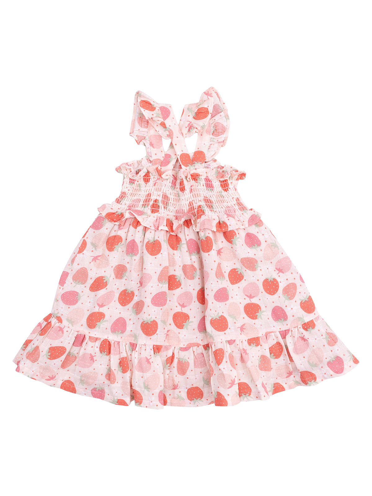 Pink dress with strawberry print, featuring a smocked bodice and ruffled hem. Perfect for warm-weather outings.