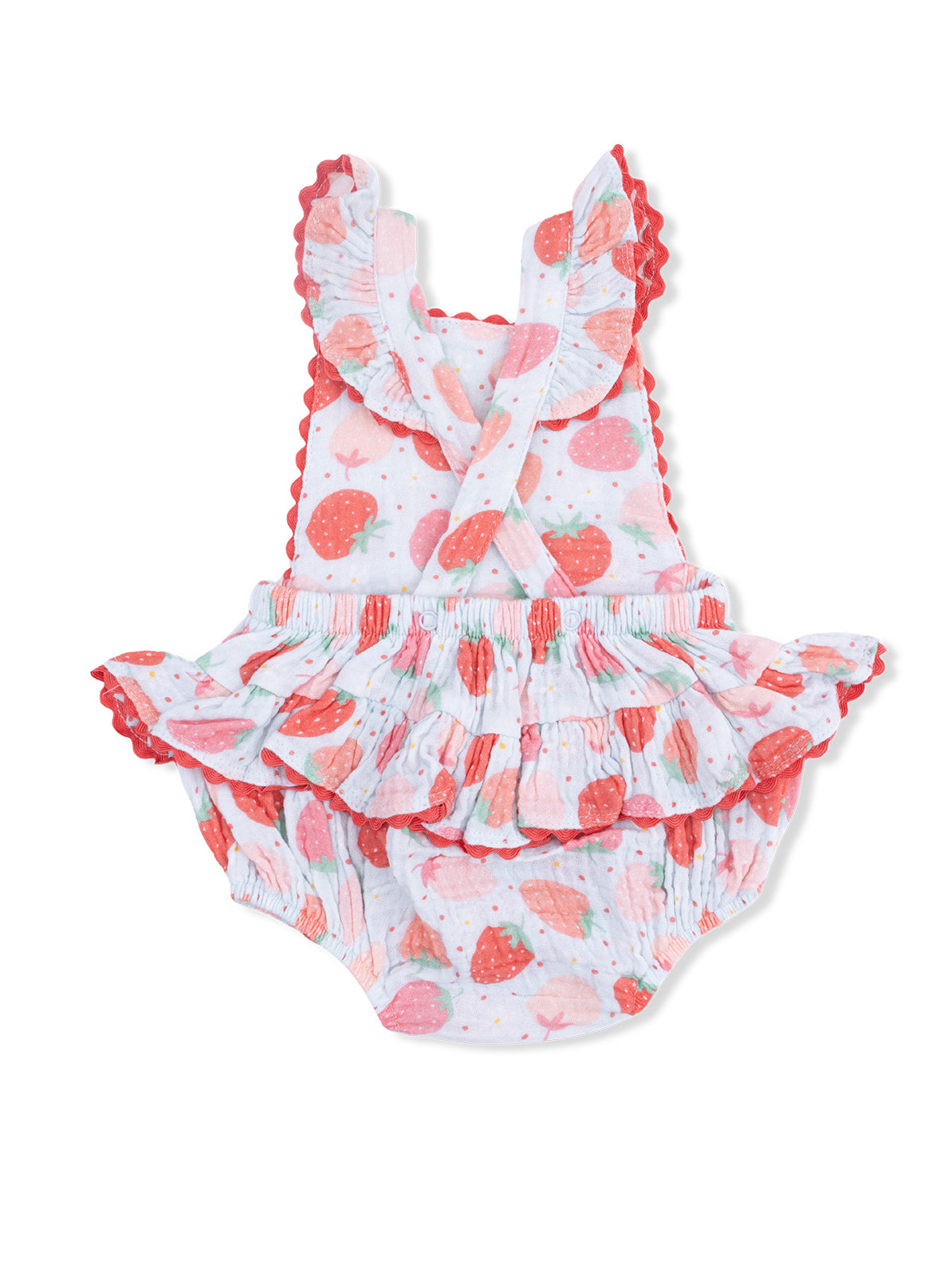 Strawberry-print baby romper with ruffled straps and skirt, perfect for summer outings.